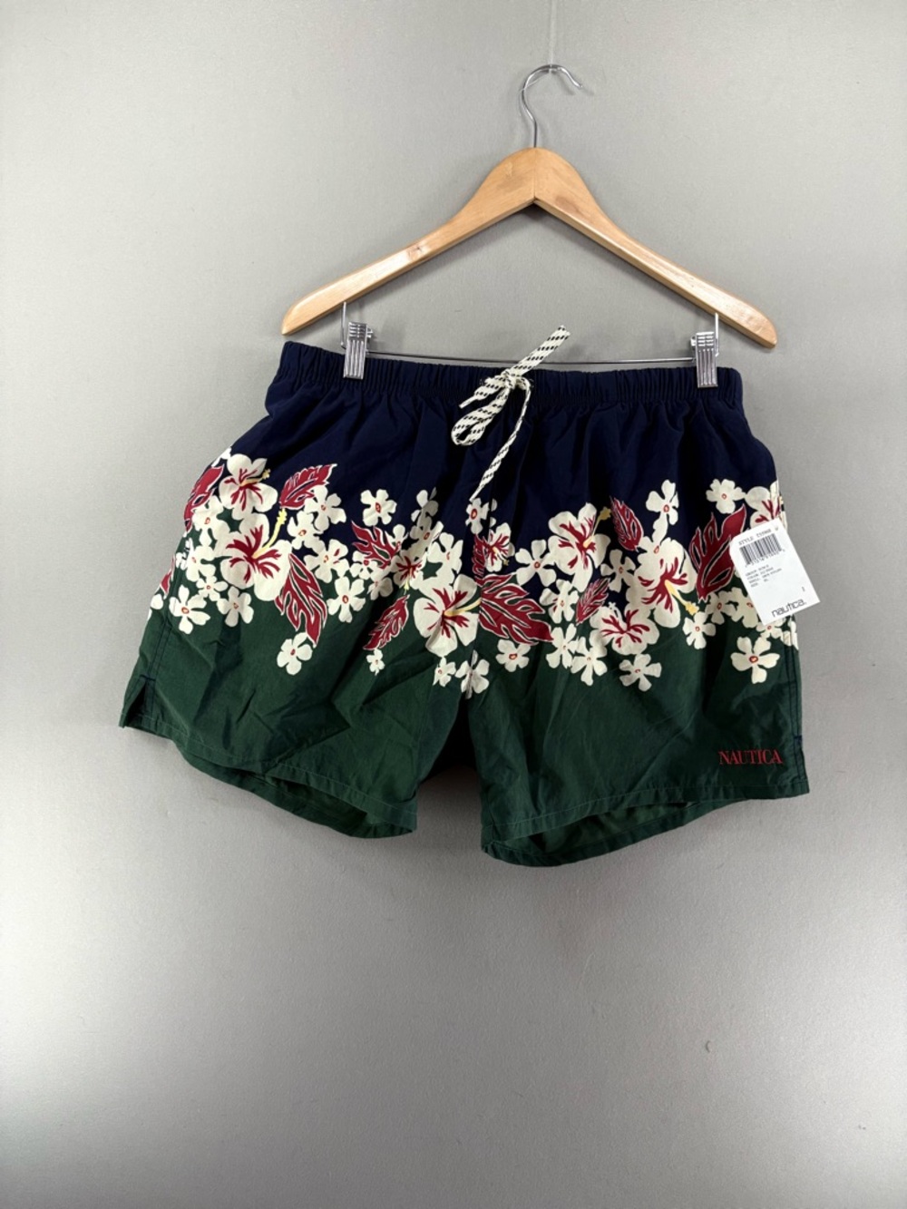 Nautica Swim Trunks Shorts Hawaiian Floral Blue Green XL Retro Sumer Vacation